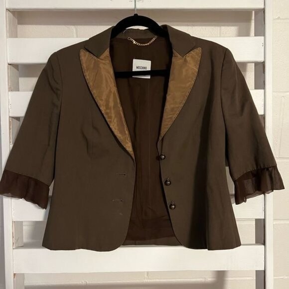 MOSCHINO Brown Blazer Jacket With Ruffled Sleeve Size US 10 - Picture 13 of 16